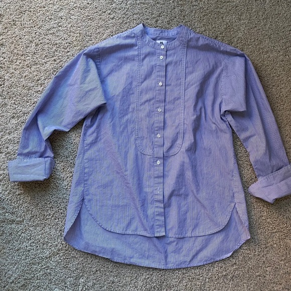 J. Crew Tops - J.Crew Blue White Stripe Blouse Tuxedo Style Front Cuffs Size 4 Thomas Mason